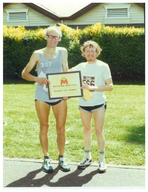 Swaggy Wilson (Geoff Wilson) on right and Richard Jeffery on left at the end of the 1982 Melbourne Marathon both came in at 2hrs 53 mins.